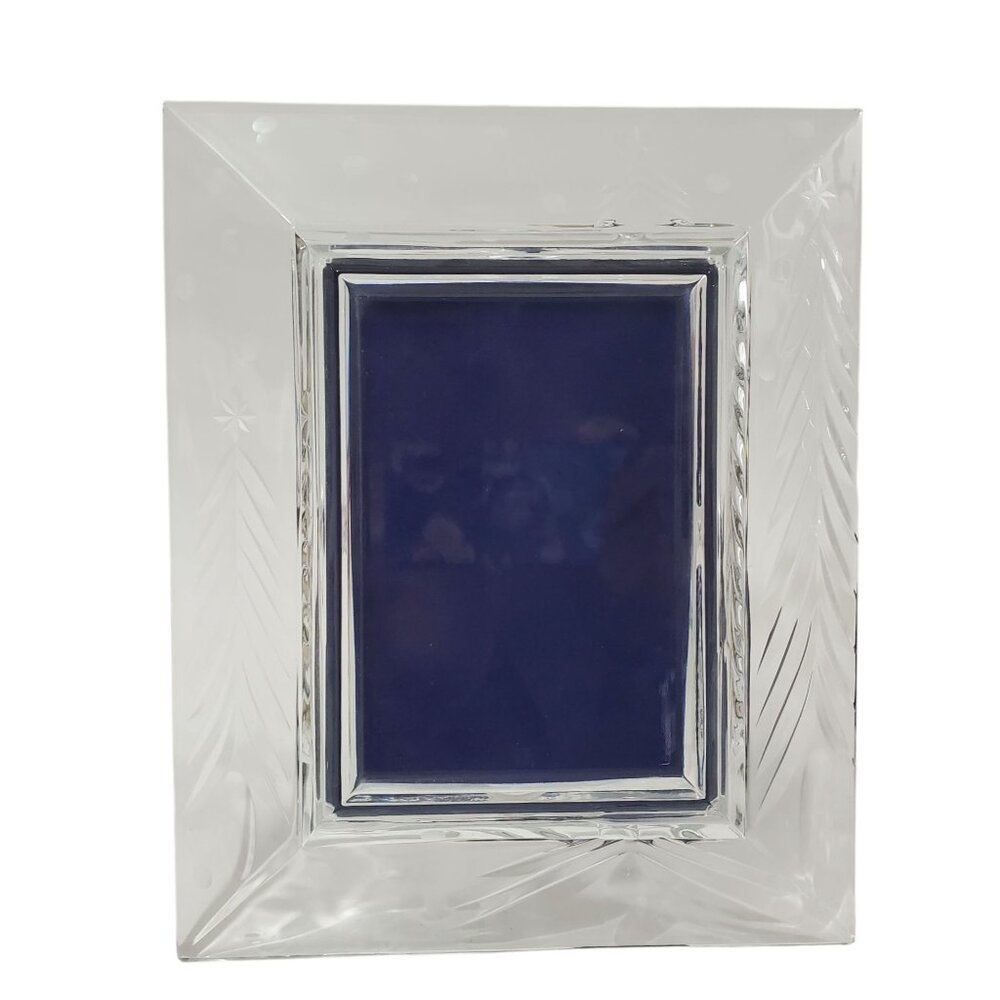 Mikasa Christmas Wedding Crystal Glass Photo Frame Stand Etched Design Blue Velv